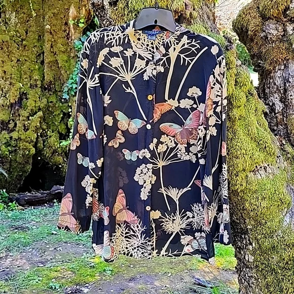 Citron Ladies Large Silk Spandex Sheer Mandarin Collar Black Butterfly Blouse - Picture 8 of 9